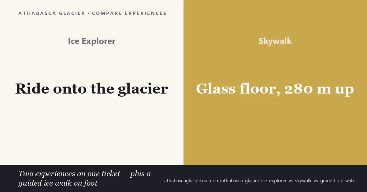 Athabasca Glacier Ice Explorer vs Skywalk vs guided ice walk — the snowcoach on the glacier compared with the glass-floored Columbia Icefield Skywalk, Alberta